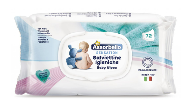 Dětské vlhčené ubrousky s Aloe,vit E, heřmánkem; plastový uzávěr (72ks/bal,12bal/krt)