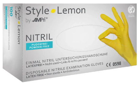 STYLE LEMON Nitrilové vyšetřovací rukavice bez pudru,žluté,nesterilní,AQL 1,5,EN455,CE(100ks/bal)