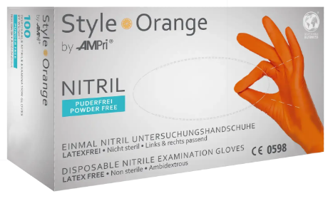 STYLE ORANGE Nitrilové vyšetřovací rukavice bez pudru, oranžové, nesterilní, AQL 1,5, EN455(100ks/ba